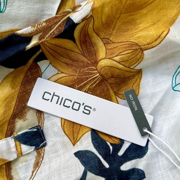 Chico’s No Iron Linen Shirt Size 16 Tropical Garden 3/4 Sleeve Gold NEW - Picture 12 of 14